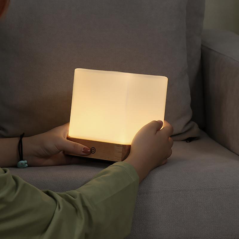 Mini Cube LED Table Lamp with Wooden Base and Glass Shade