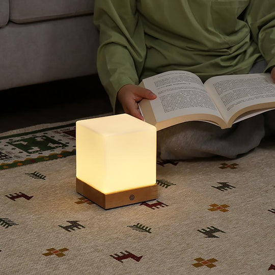 Mini Cube LED Table Lamp with Wooden Base and Glass Shade