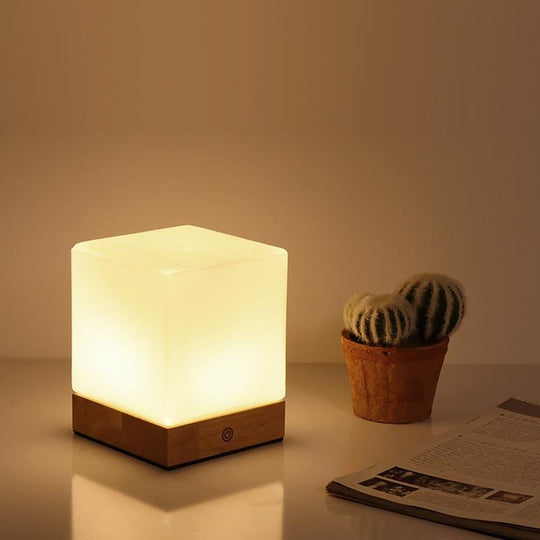 Mini Cube LED Table Lamp with Wooden Base and Glass Shade