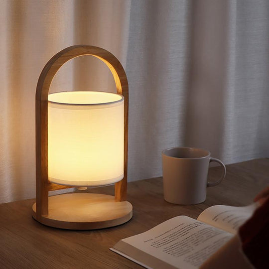 Portable Wooden Accent LED Table Lamp with Linen Shade