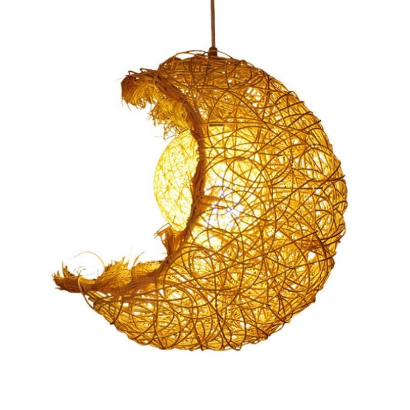 Moon-Shaped Wicker Rattan Pendant Light – Farmhouse Dining Room Ceiling Fixture