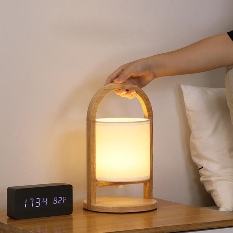 Portable Wooden Accent LED Table Lamp with Linen Shade