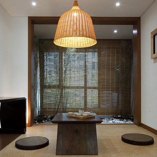25'' Rustic Bell-Shaped Rattan Pendant Light