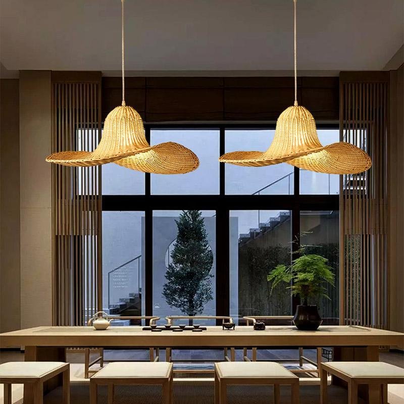 24'' Rustic Hat Shaped Rattan Pendant Ceiling Light