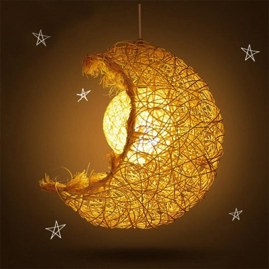 Moon-Shaped Wicker Rattan Pendant Light – Farmhouse Dining Room Ceiling Fixture
