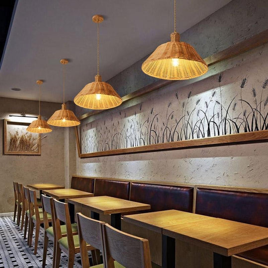 Wide Bell Shaped Bamboo Farmhouse Pendant Ceiling Light