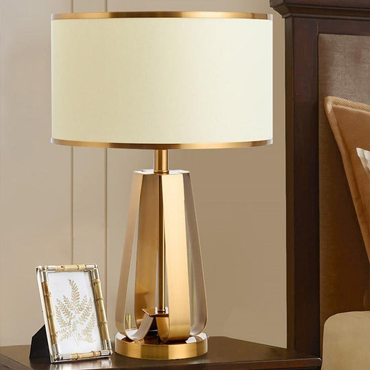 Golden Faux Silk Geometric Table Lamp with Brass Base – 22 Inch