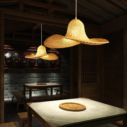 24'' Rustic Hat Shaped Rattan Pendant Ceiling Light