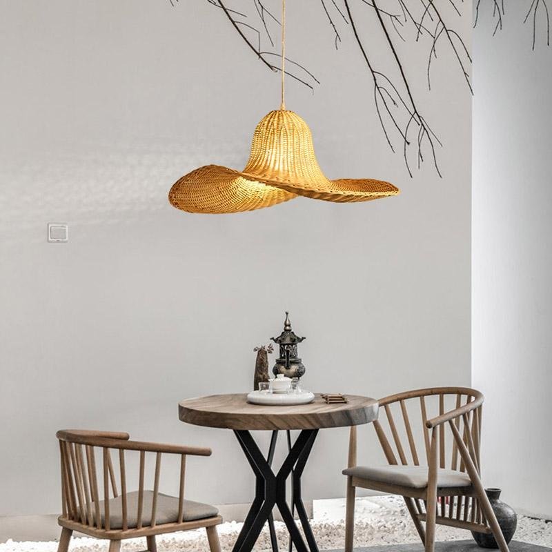 24'' Rustic Hat Shaped Rattan Pendant Ceiling Light