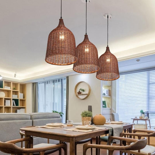 25'' Rustic Bell-Shaped Rattan Pendant Light