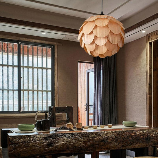 15'' Rustic Pineapple-Shaped Wood Pendant Light