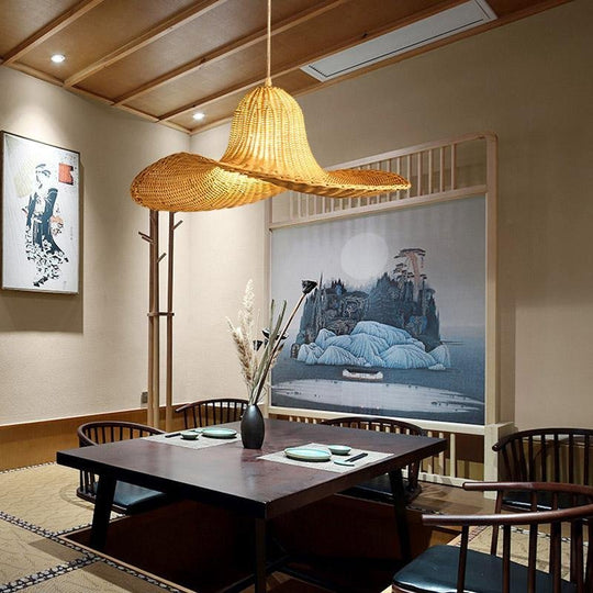 24'' Rustic Hat Shaped Rattan Pendant Ceiling Light