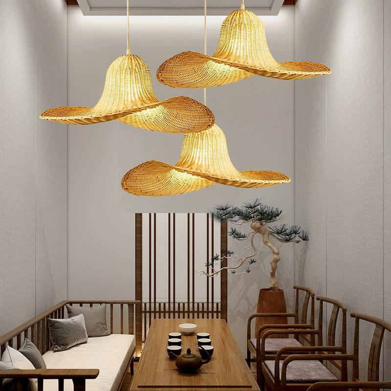 24'' Rustic Hat Shaped Rattan Pendant Ceiling Light