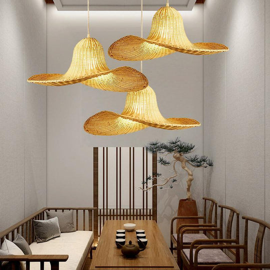 24'' Rustic Hat Shaped Rattan Pendant Ceiling Light