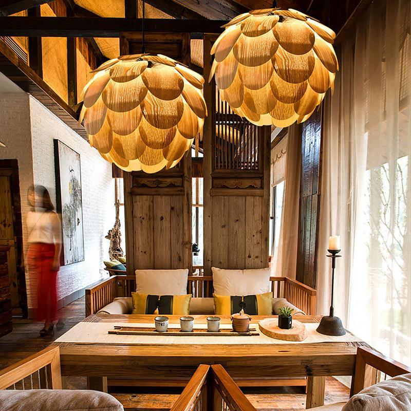 15'' Rustic Pineapple-Shaped Wood Pendant Light