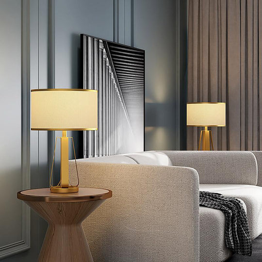 Golden Faux Silk Geometric Table Lamp with Brass Base – 22 Inch