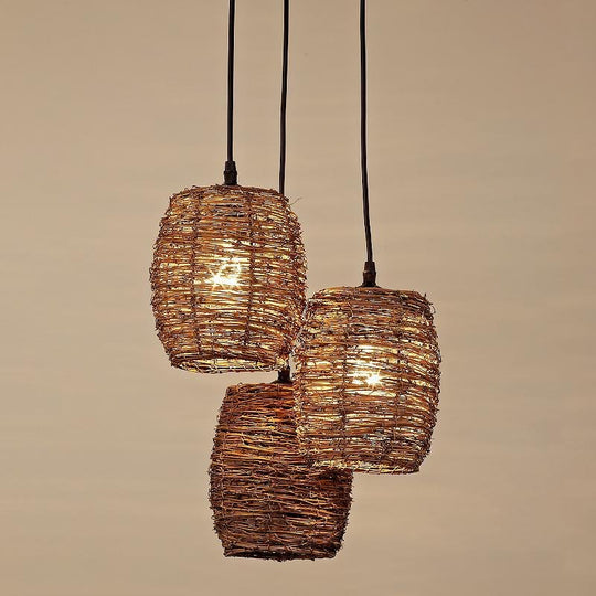 3-Piece Set Transparent Burlywood Wicker Pendant Lights – Natural Modern Design