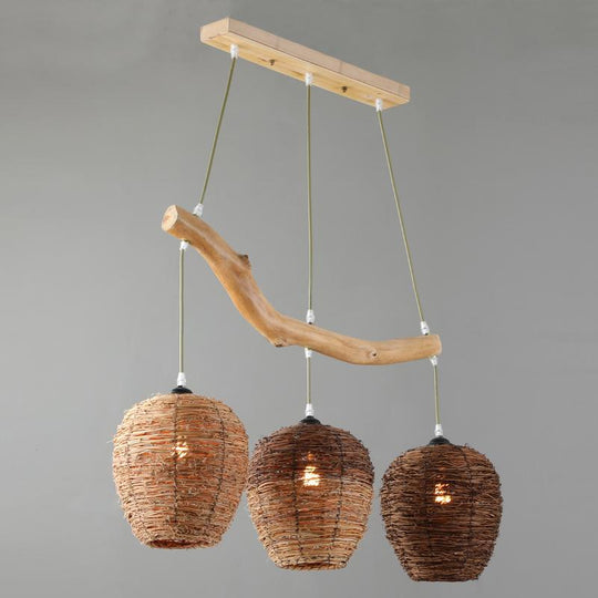 Beehive Shaped Burlywood Colored Wicker Industrial Pendant Lighting