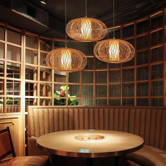 Rattan Globe Pendant Light Horizontally Oval Bamboo Woven Pendant Light