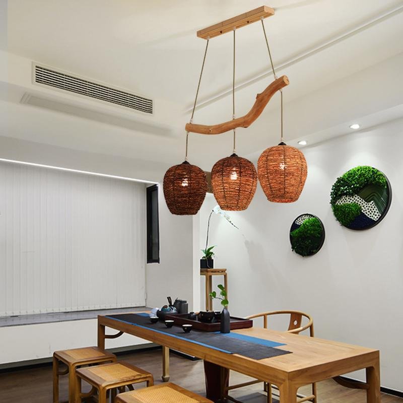 Beehive Shaped Burlywood Colored Wicker Industrial Pendant Lighting