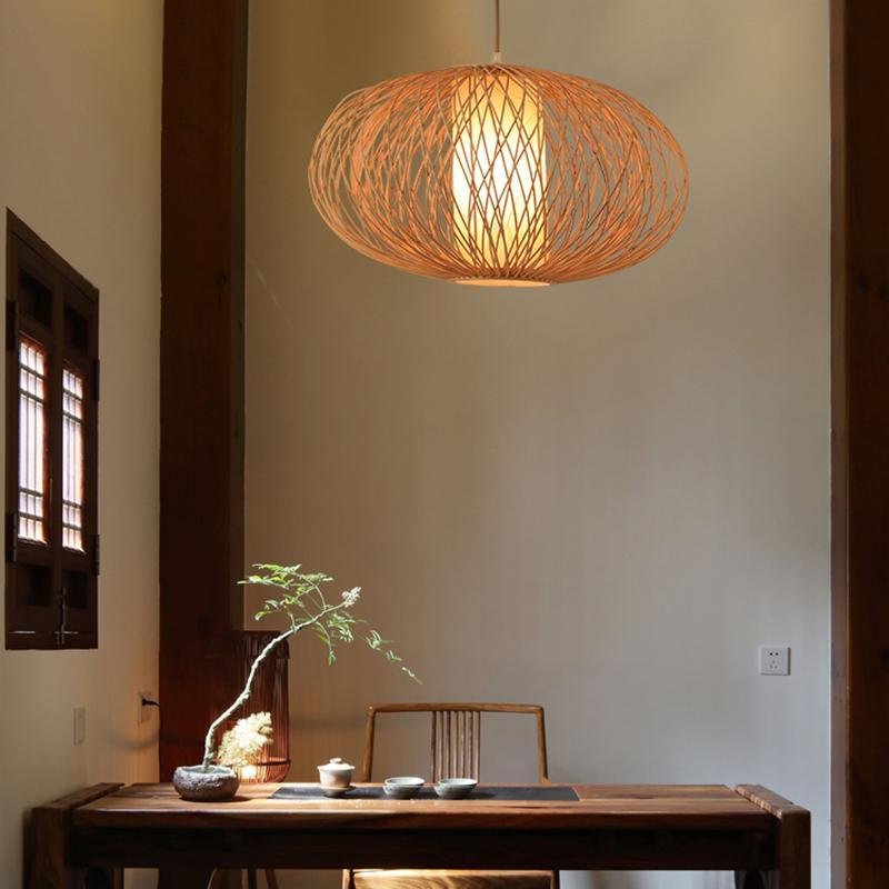 Rattan Globe Pendant Light Horizontally Oval Bamboo Woven Pendant Light