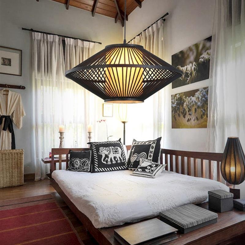 Circular Quasi Pyramid Black Bamboo Pendant Light