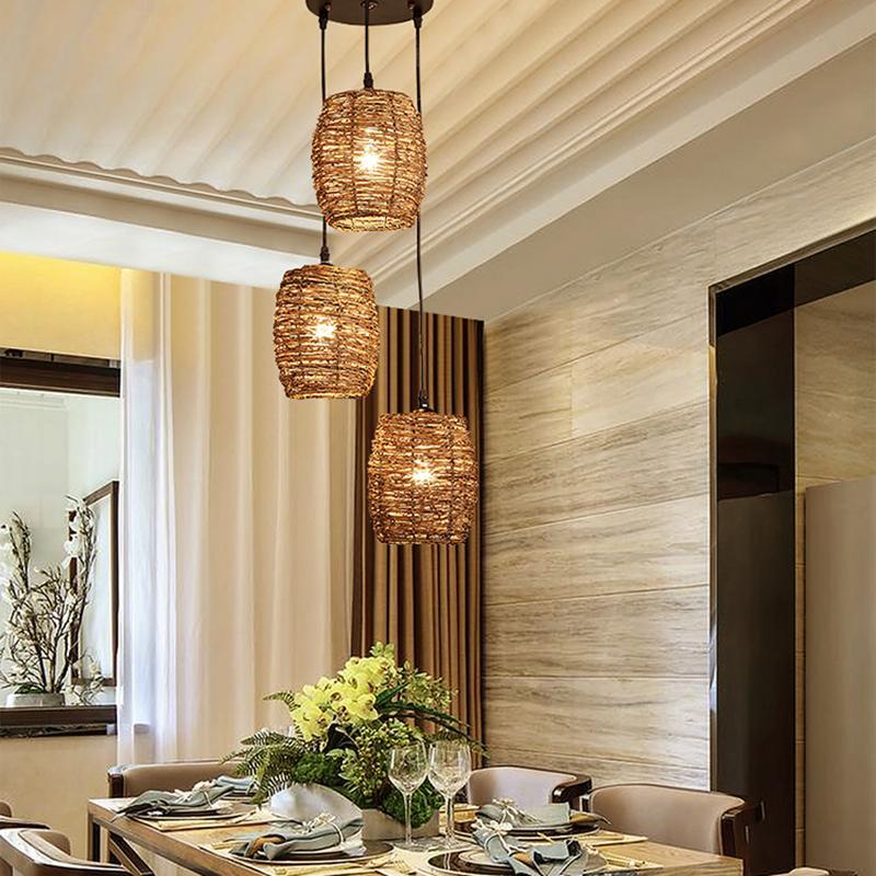 3-Piece Set Transparent Burlywood Wicker Pendant Lights – Natural Modern Design