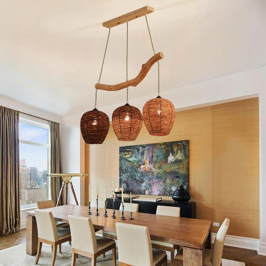 Beehive Shaped Burlywood Colored Wicker Industrial Pendant Lighting
