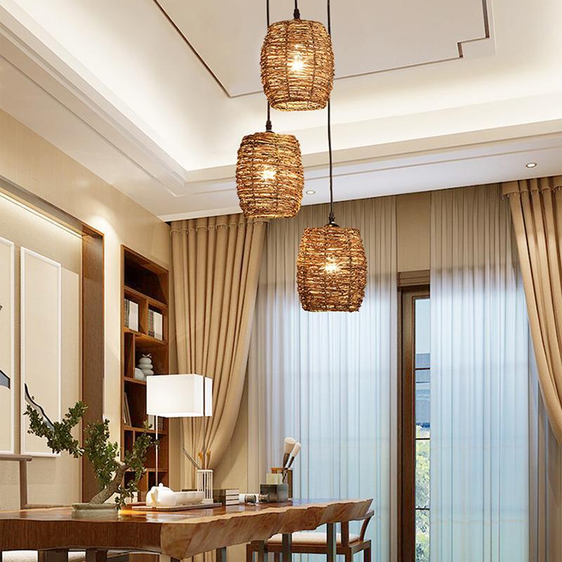 3-Piece Set Transparent Burlywood Wicker Pendant Lights – Natural Modern Design