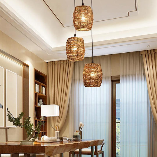 3-Piece Set Transparent Burlywood Wicker Pendant Lights – Natural Modern Design