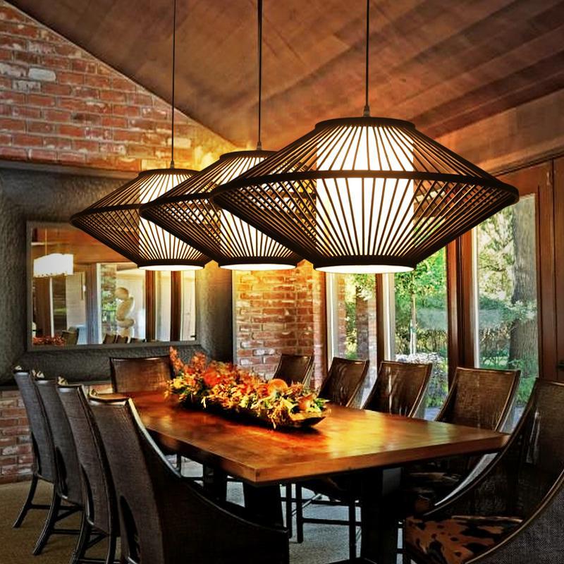 Circular Quasi Pyramid Black Bamboo Pendant Light