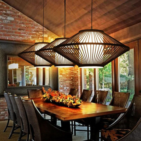 Circular Quasi Pyramid Black Bamboo Pendant Light