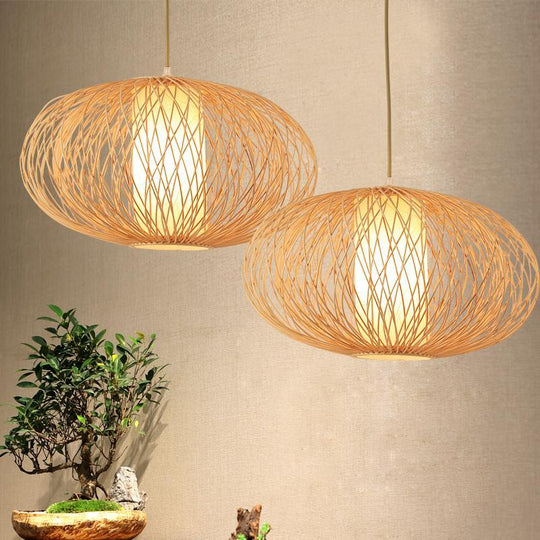 Rattan Globe Pendant Light Horizontally Oval Bamboo Woven Pendant Light