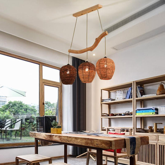 Beehive Shaped Burlywood Colored Wicker Industrial Pendant Lighting