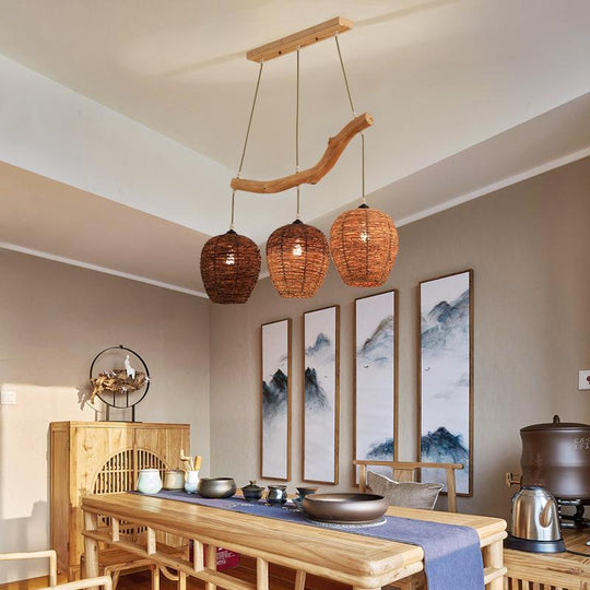 Beehive Shaped Burlywood Colored Wicker Industrial Pendant Lighting