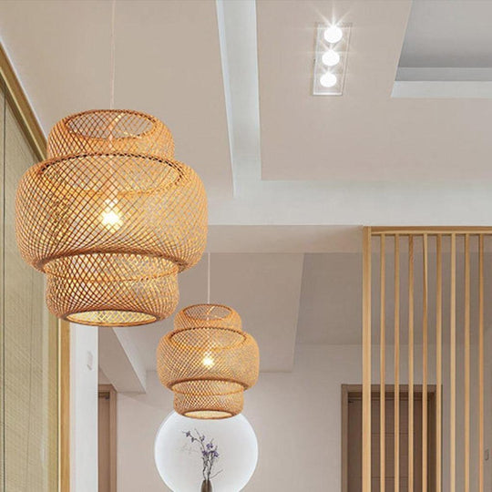3-Tiered Rustic Bamboo Woven Pendant Light