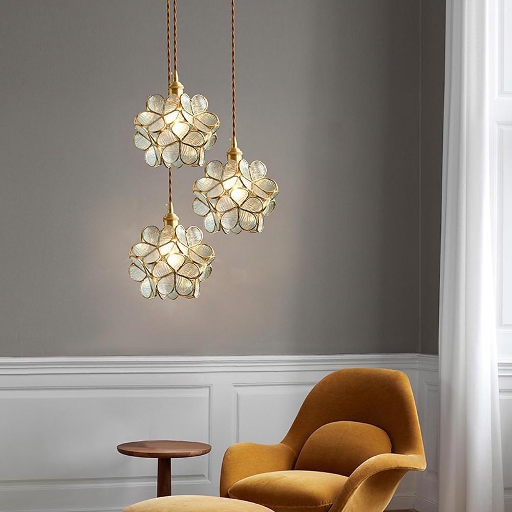 Flower Patterned Modern Glass Copper Pendant Light