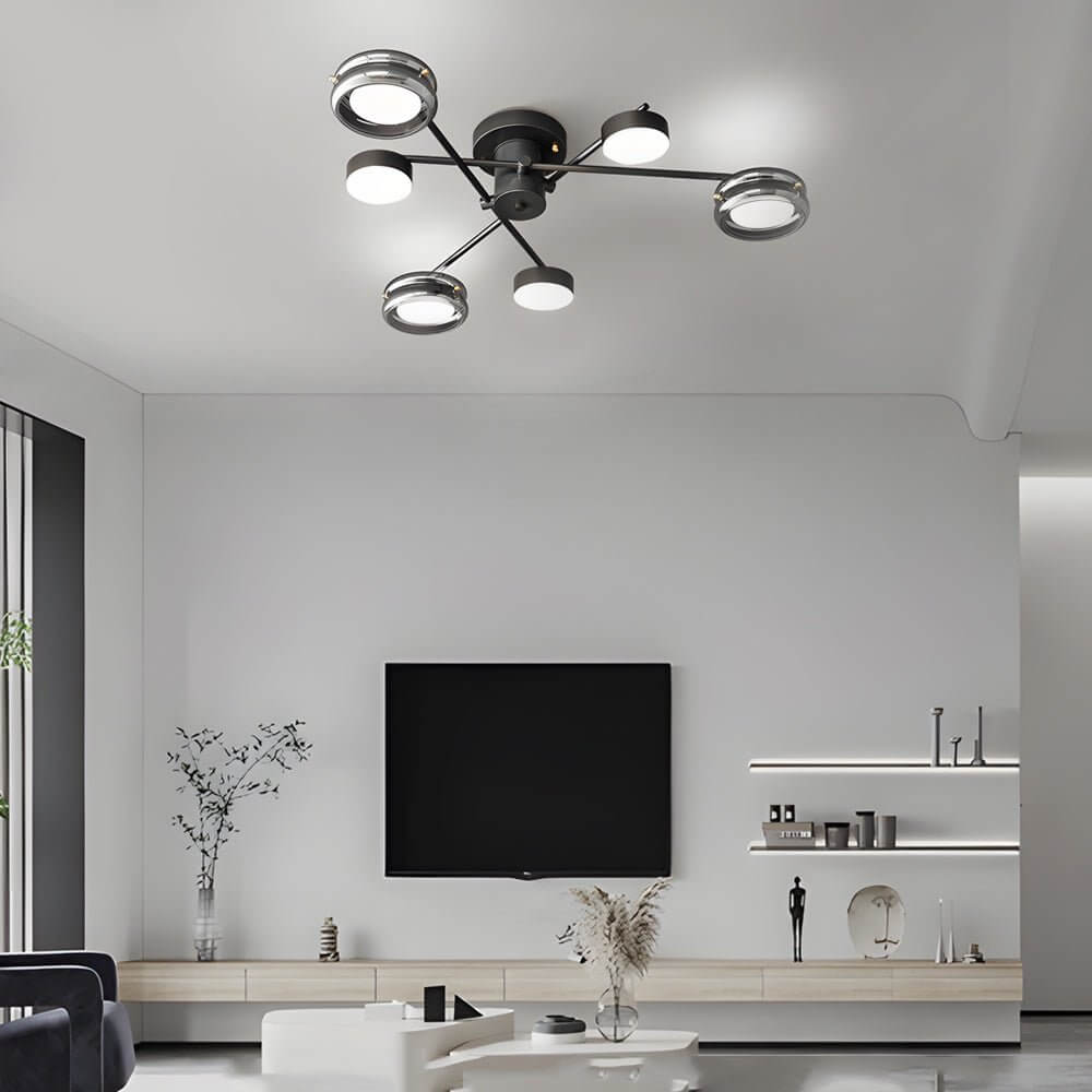 Artistic Multi-Head Black Copper Semi-Flush LED Ceiling Light