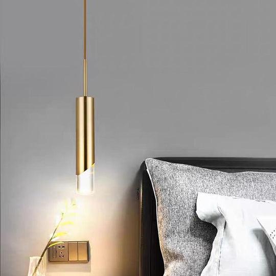 Elongated Slender Cylinder Modern Gold Crystal Column Pendant Light