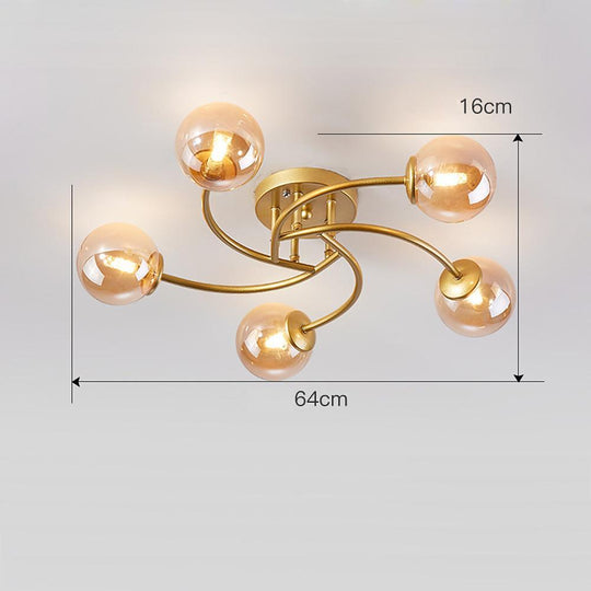 5-Light Glass Globe Swirled Metal LED Modern Flush Mount Ceiling Light