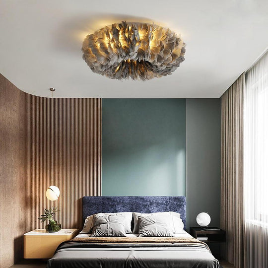 Round Feathers LED Nordic Ceiling Light Flush Mount Chandelier