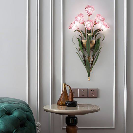 Bouquet Flowers Leaves American Style Glass Wall Lamp