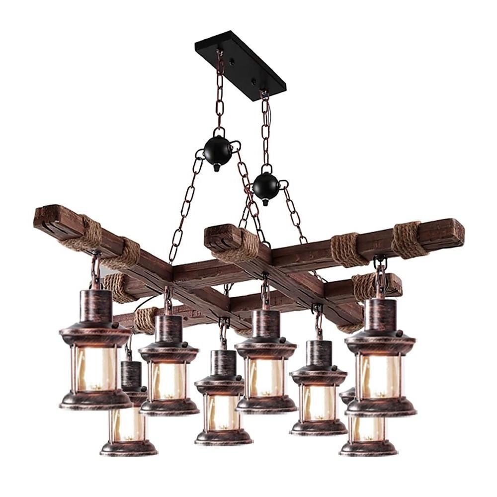 Vintage Wood and Glass LED Farmhouse Pendant Chandelier with 8 Lights