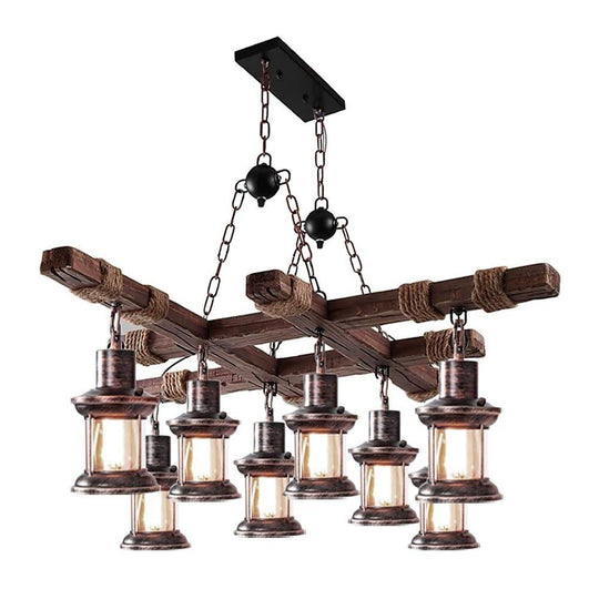 Vintage Wood and Glass LED Farmhouse Pendant Chandelier with 8 Lights