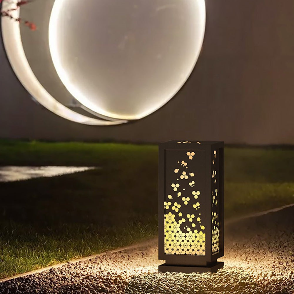 Rectangular Resin and Steel Garden Light with Carved Floral Shade