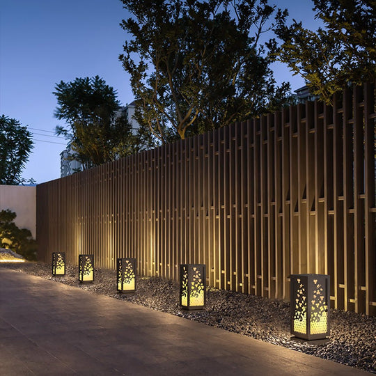 Rectangular Resin and Steel Garden Light with Carved Floral Shade