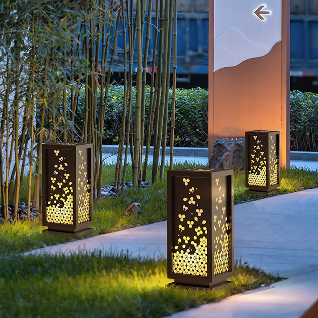 Rectangular Resin and Steel Garden Light with Carved Floral Shade