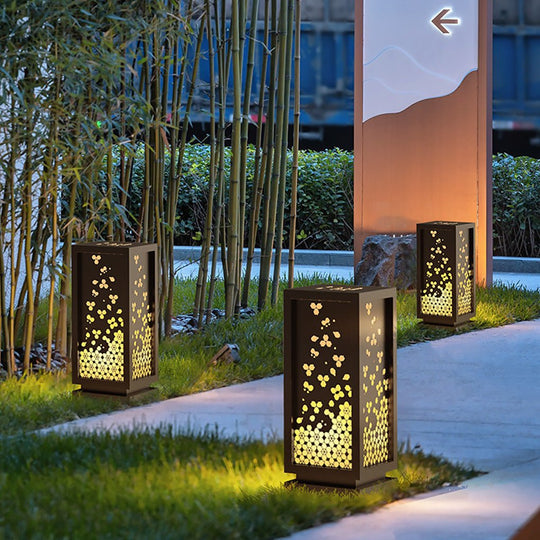Rectangular Resin and Steel Garden Light with Carved Floral Shade