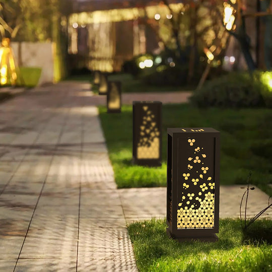 Rectangular Resin and Steel Garden Light with Carved Floral Shade
