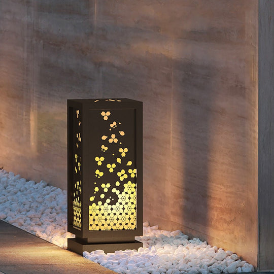 Rectangular Resin and Steel Garden Light with Carved Floral Shade